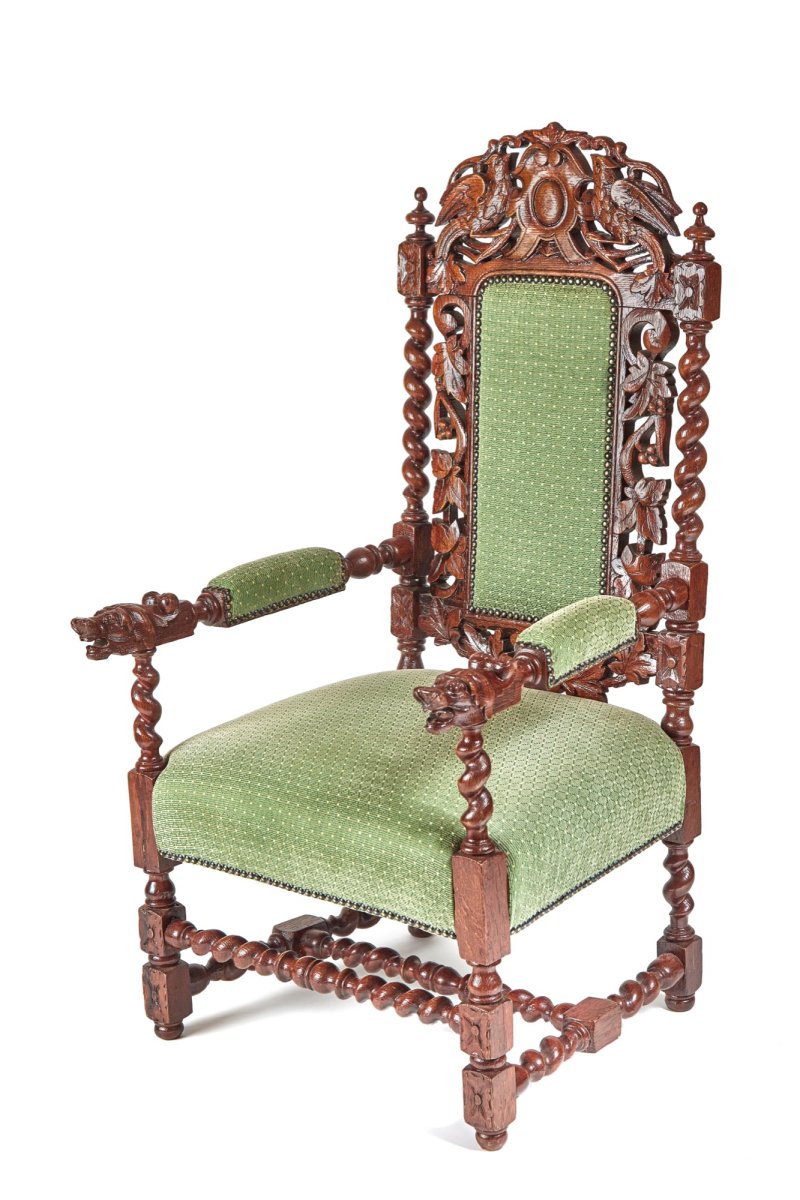 Large Antique Victorian Quality Carved Oak Throne Armchair
